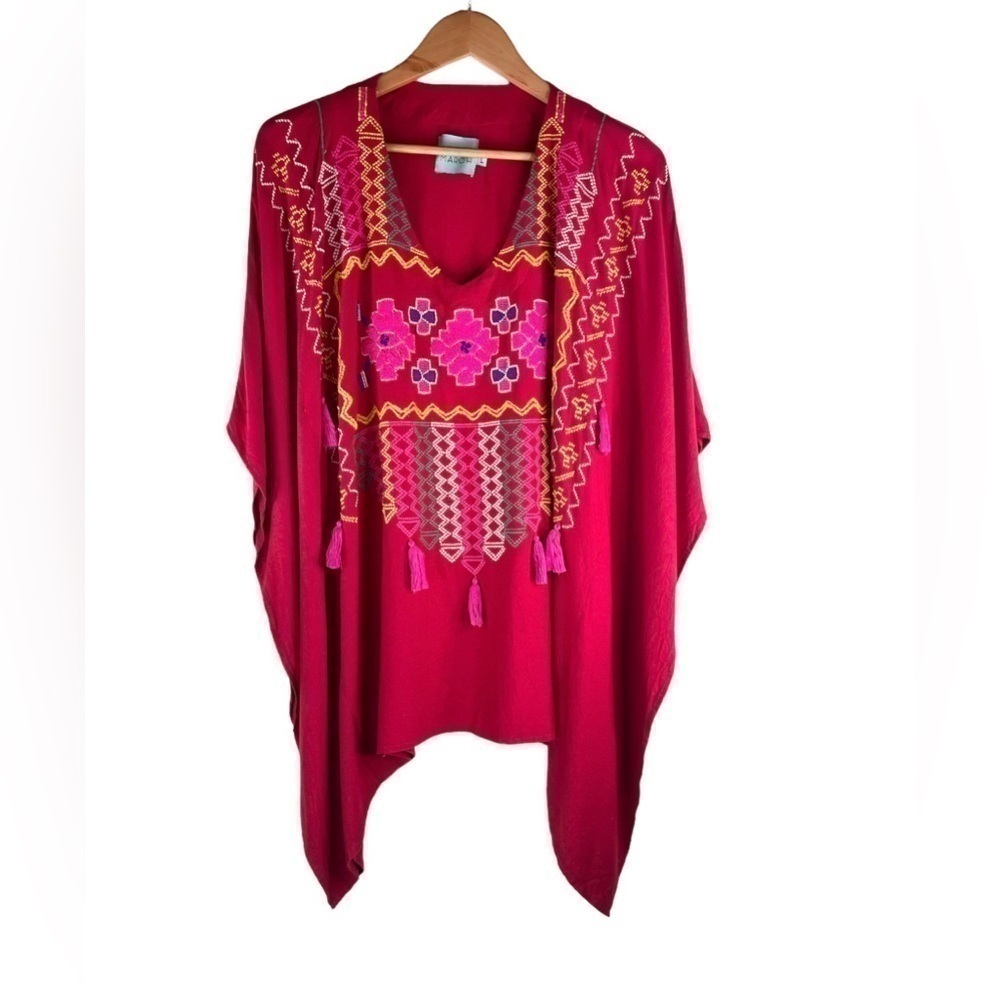 Judith March Gypsy Embroidered Tassel Tunic Red with Pink Size Large